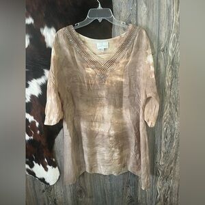Belle France size medium silk 3/4 sleeve tunic blouse brown & tan tie dye